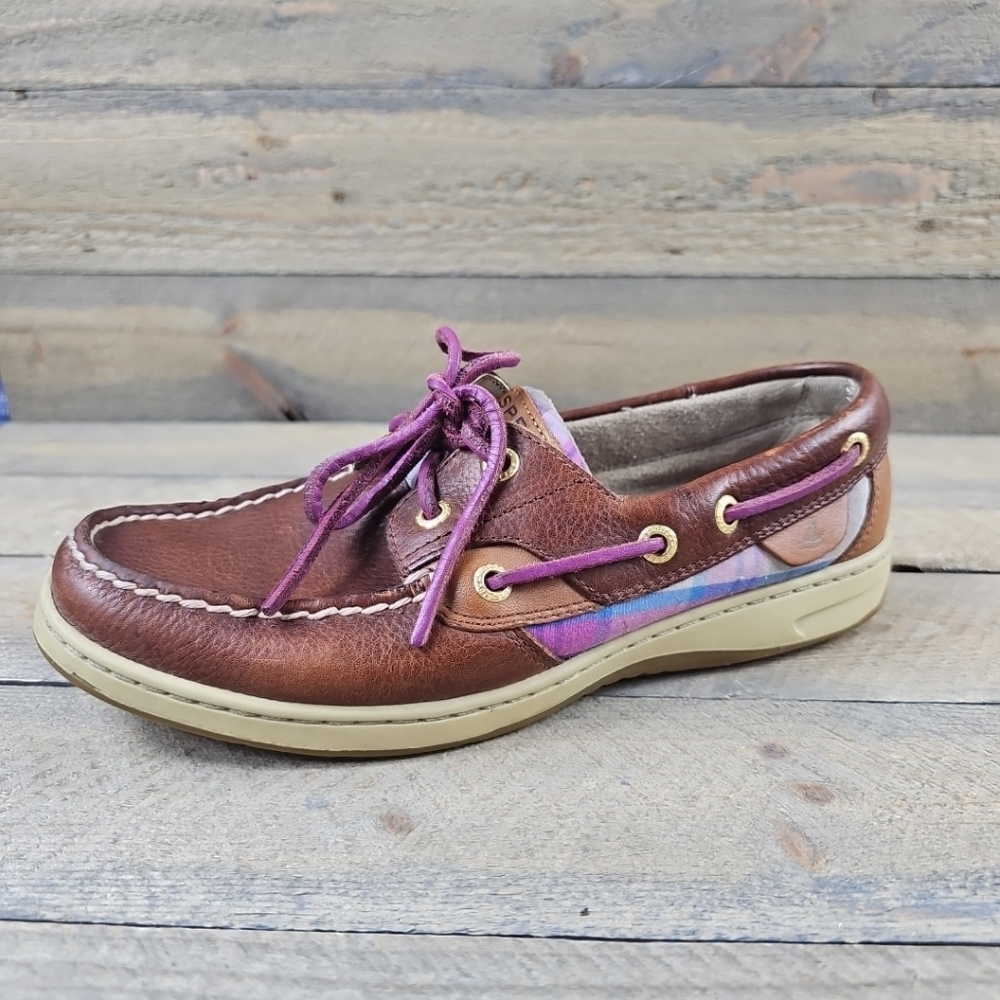 Sperry Topsider Brown Leather purple plaid Women's Boat Deck Shoes - Picture 2 of 14